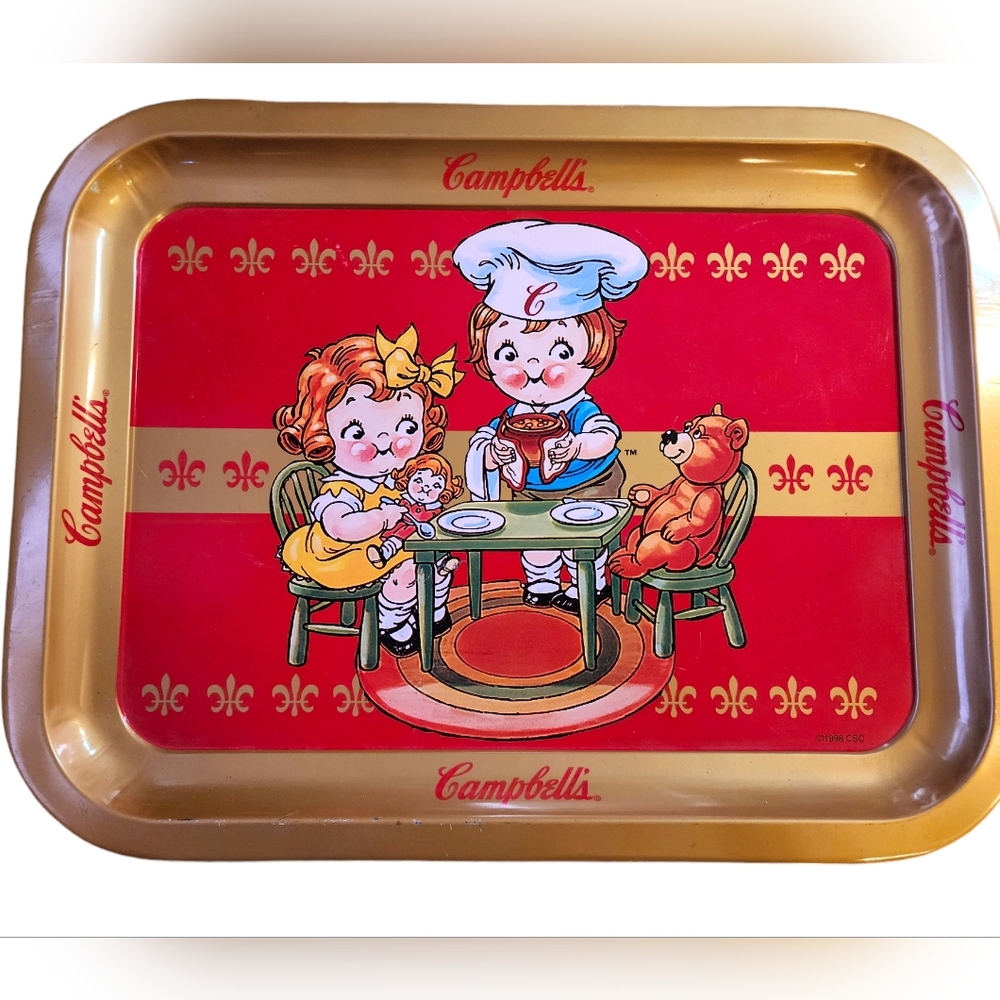 Vintage Campbell's Kids Soup Metal Tray Doll & Teddy Bear marked  1998
